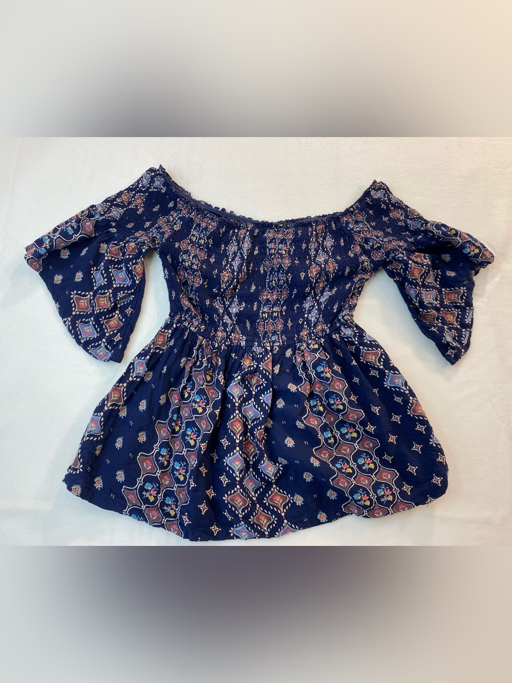 Hollister Navy Blue Off-Shoulder Boho Print Blouse 2016
